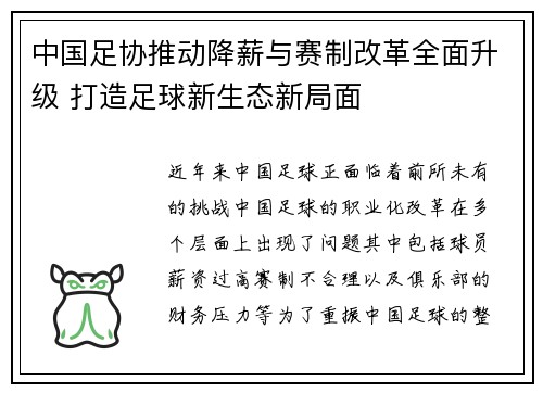 中国足协推动降薪与赛制改革全面升级 打造足球新生态新局面